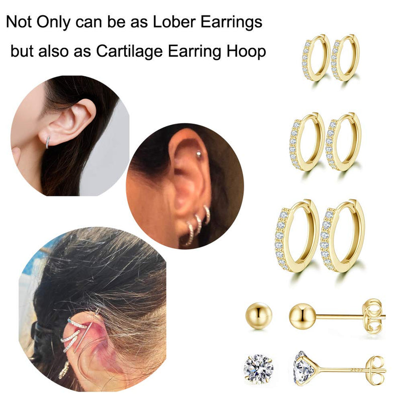 [Australia] - Silver Hoop Earrings for Women, 925 Sterling Silver Huggie Hinged Earrings with AAA Cubic Zirconia, Diameter 13mm Hypoallergenic Small Sleeper Hoop, 8/10/12/13MM Gold color-8mm 10mm 12mm+2mm ball +2mm CZ stud 