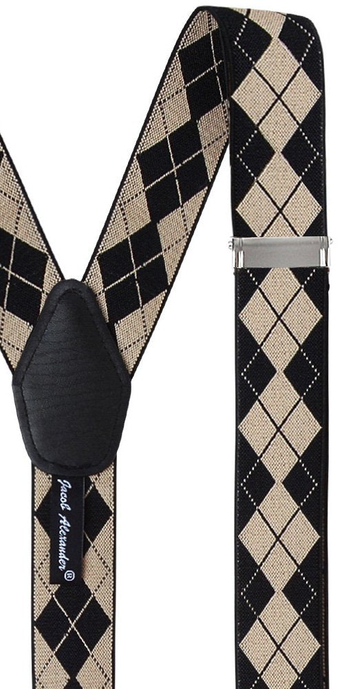 [Australia] - Jacob Alexander Men's Argyle Y-Back Suspenders Braces Convertible Leather Ends Clips Black Tan 