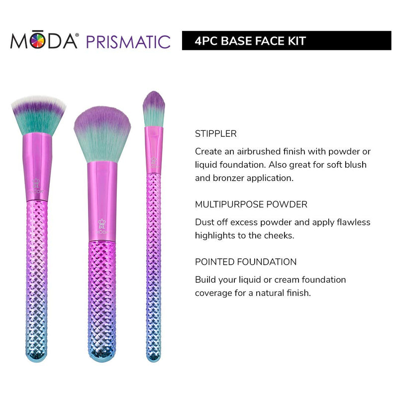 [Australia] - MODA Full Size Prismatic Base Face 4pc Makeup Brush Set with Pouch, Includes, Multi-Purpose Brush, Stippler, and Pointed Foundation Brushes, Pink -Teal Ombre 
