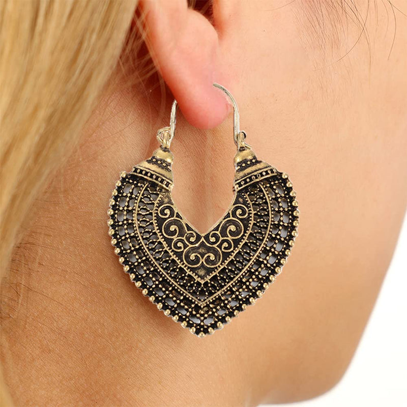 [Australia] - Faccubee 5 Pairs Women Lady Girls Fashion Jewelry Vintage Ancient Antique Gold Silver Bronze Boho Bohemian Tribal Ethnic Round Heart Shaped Big Large Hoop Drop Dangle Hollow Out Carved Earrings 