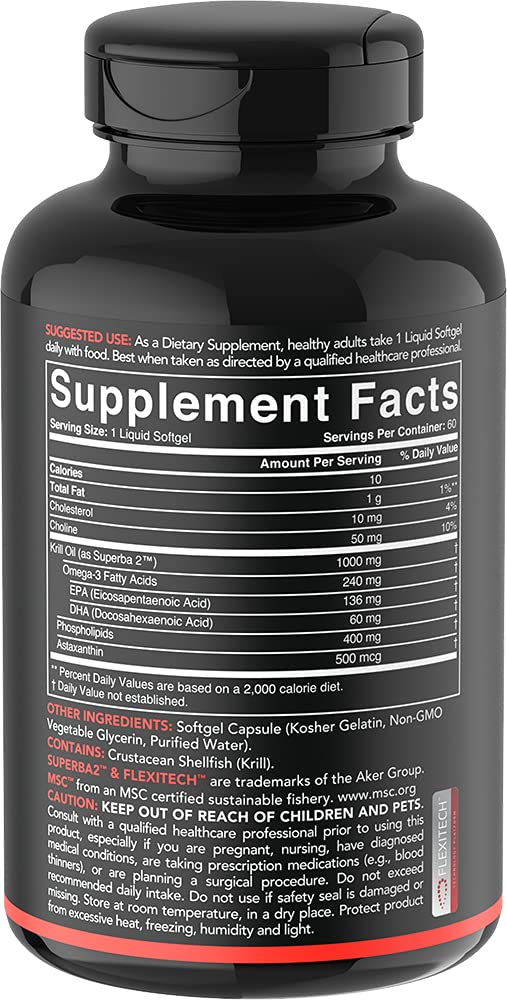[Australia] - Sports Research Krill Oil Supplement with EPA & DHA Omega 3, Phospholipids & Astaxanthin from Antarctic Krill - Highest Concentration of Krill Oil for Men & Women - 1000mg, 60 Softgel Capsules 60 Count (Pack of 1) 1,000mg 