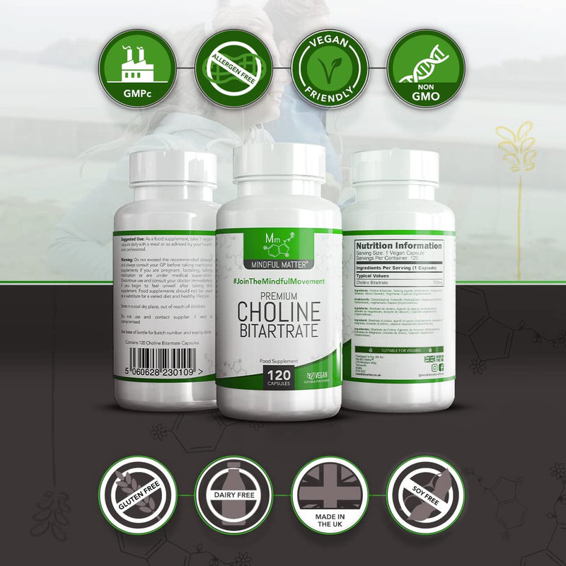 [Australia] - MM Choline Bitartrate Supplement | 120 Choline Vegan Capsules - 700mg per Serving | Non-GMO, Dairy, Gluten & Allergen Free | Manufactured in ISO Licensed Facilities in The UK 