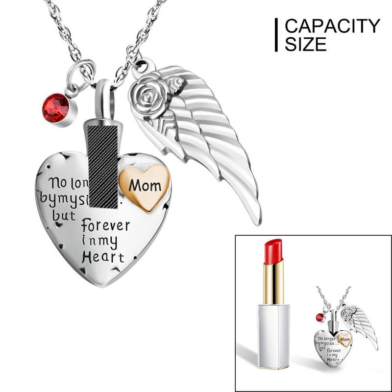 [Australia] - abooxiu Heart Cremation Urn Necklace for Ashes Jewelry Angel Wing Memorial Pendant 12 Birthstones - No Longer by My Side But Forever in My Heart - Customize Available MOM 