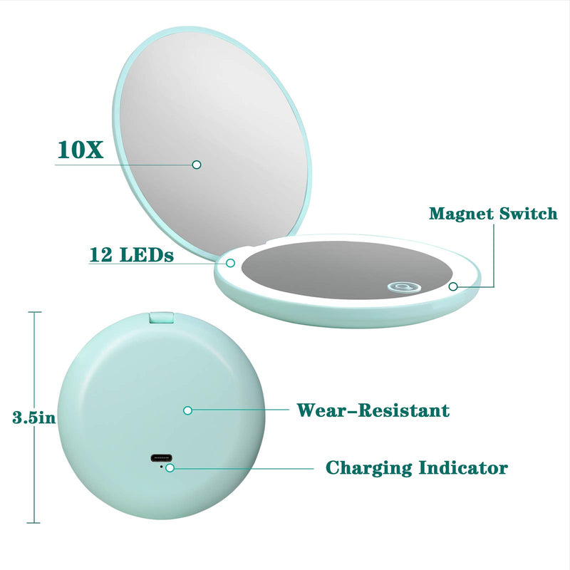 [Australia] - Kintion LED Compact Mirror,Rechargeable Compact Mirror with Light,1x/10x Magnification Dimmable Small Lighted Travel Makeup Mirror for Purse,Pocket,Gift,Touch Switch,Daylight,Portable Folding Handheld Cyan 