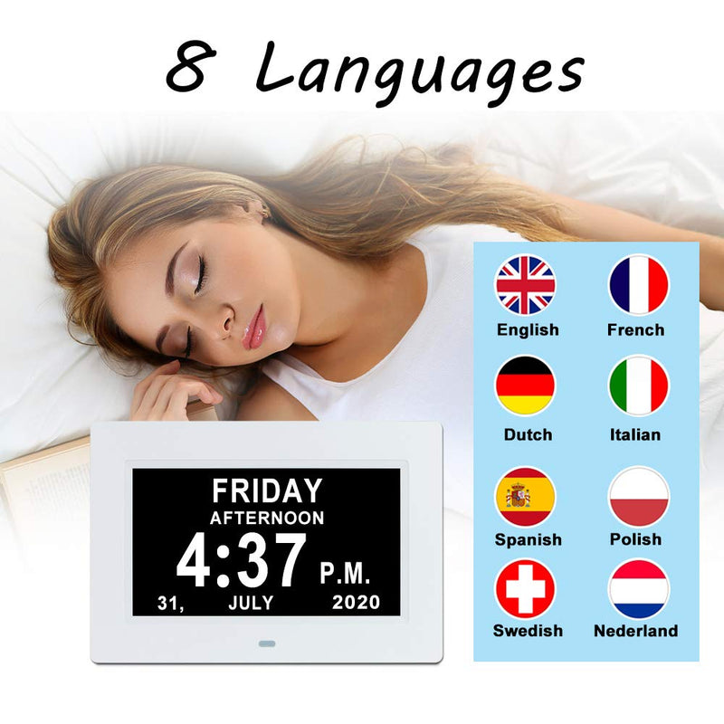 [Australia] - 7 INCH Day Date Time Dementia Clock Extra Large Non-Abbreviated Digital Calendar Day of The Week Clocks for Seniors Elderly with Dementia Impaired Vision Memory Loss 12 Alarm Reminders + Auto-Dimming 7 Inch White 