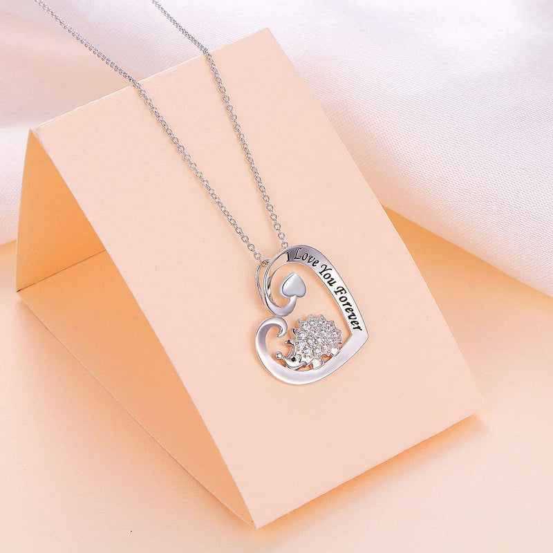 [Australia] - 925 Sterling Silver Cute Animal I Love You Forever CZ Hedgehog Pendant Necklace Gift for Women Girls,18 inch Engraved I Love You Forever 