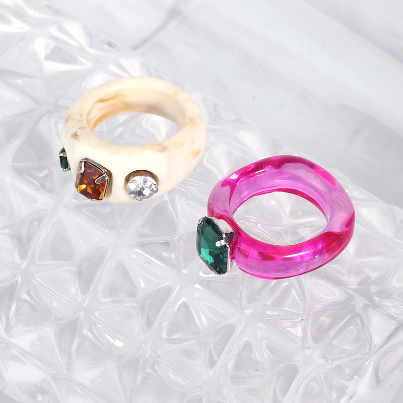 [Australia] - 2 Pcs Resin Acrylic Diamond Fruit Rings Set Colorful Index Finger Ring Cute Transparent Plastic Band Ring Jewelry Trendy Unique Square Gem Ring for Teen Girls and Women（6-9） Ring A 6 