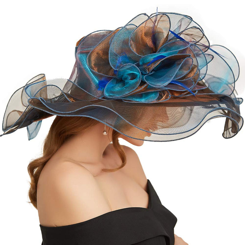 [Australia] - F FADVES Women Oganza Sun Hat Church Kentucky Derby Wide Brim Wedding Formal Fascinator Hat Blue & Coffee 