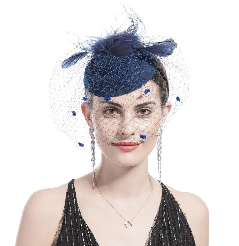[Australia] - BLACK DALAMJU Fascinator With Veil Women Hat Mesh Feather Hair Clip Wedding Navy Blue 