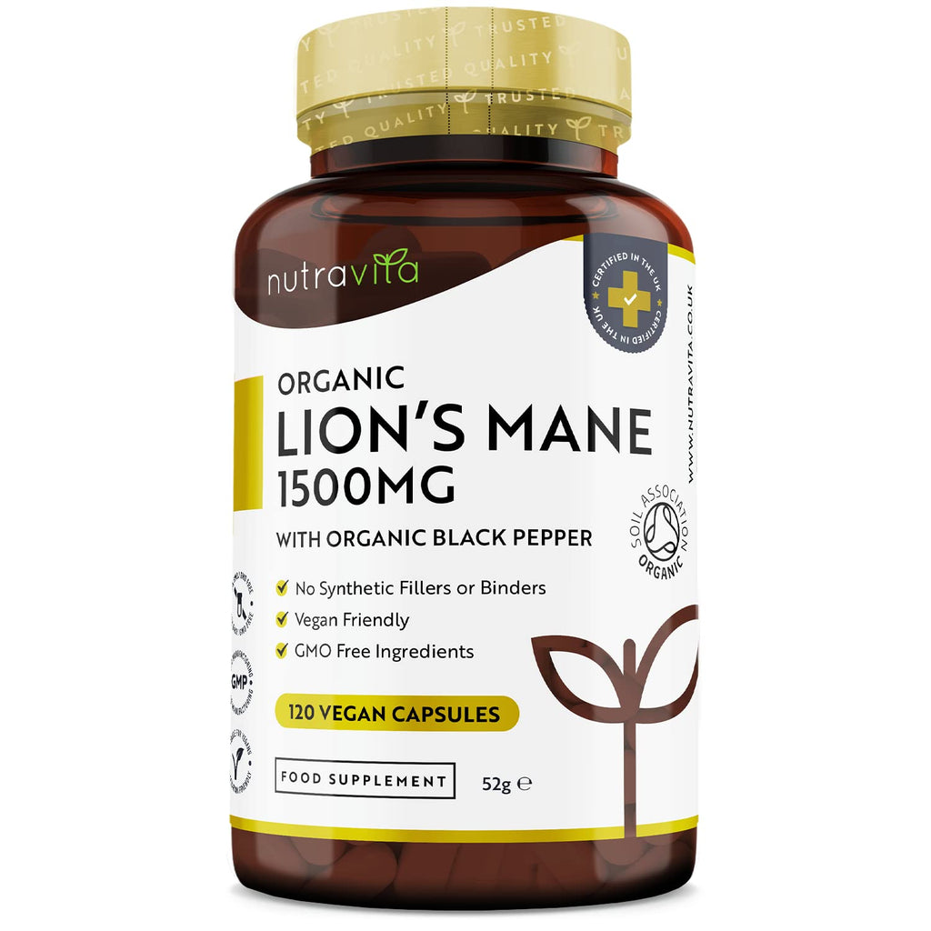 [Australia] - Organic Lions Mane Mushroom 1500mg - 120 High Strength Vegan Capsules (Not Powder) - Lions Mane Supplement with Organic Black Pepper - Made in The UK by Nutravita 