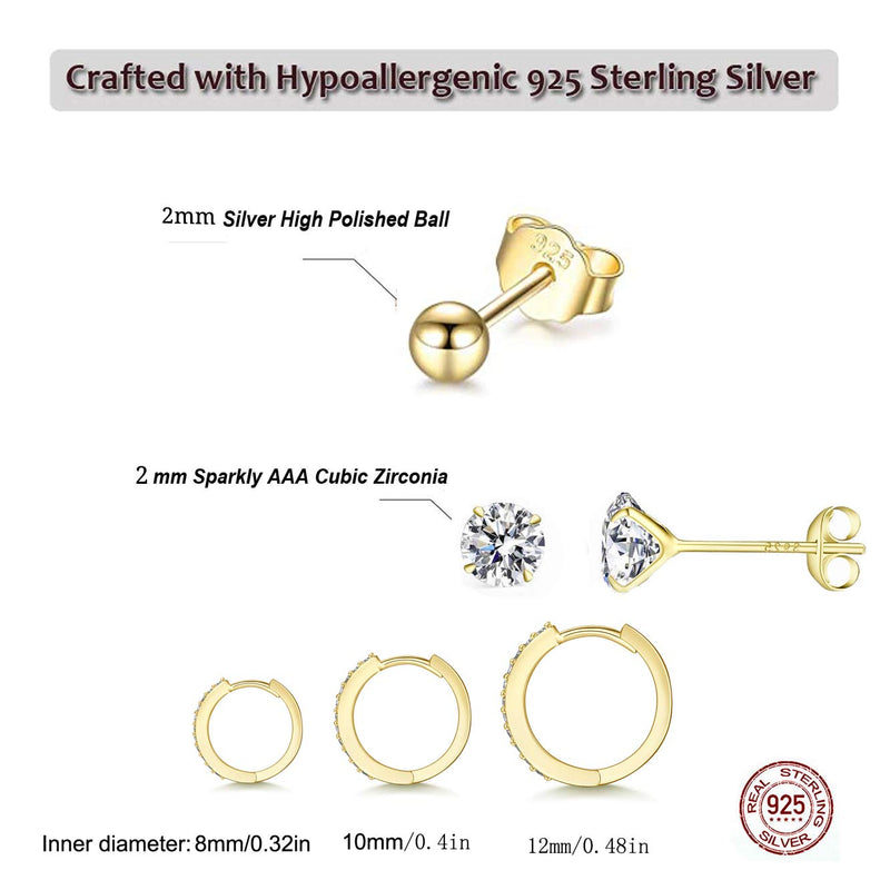 [Australia] - Silver Hoop Earrings for Women, 925 Sterling Silver Huggie Hinged Earrings with AAA Cubic Zirconia, Diameter 13mm Hypoallergenic Small Sleeper Hoop, 8/10/12/13MM Gold color-8mm 10mm 12mm+2mm ball +2mm CZ stud 