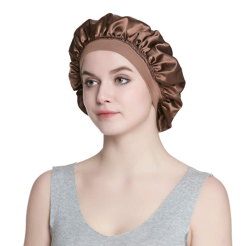 [Australia] - Alnorm Stylish Sleep Cap Silky Double-Layered Satin Bonnet Premium Wide Band Nightcap for Hair Beauty Women Headwear Brown(single layer satin cap) 