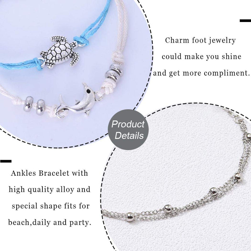 [Australia] - Casdre Retro Layered Ankle Bracelet Silver Dolphin Tortoise Foot Chain Beaded Adjustable Foot Jewelry for Women and Girls 