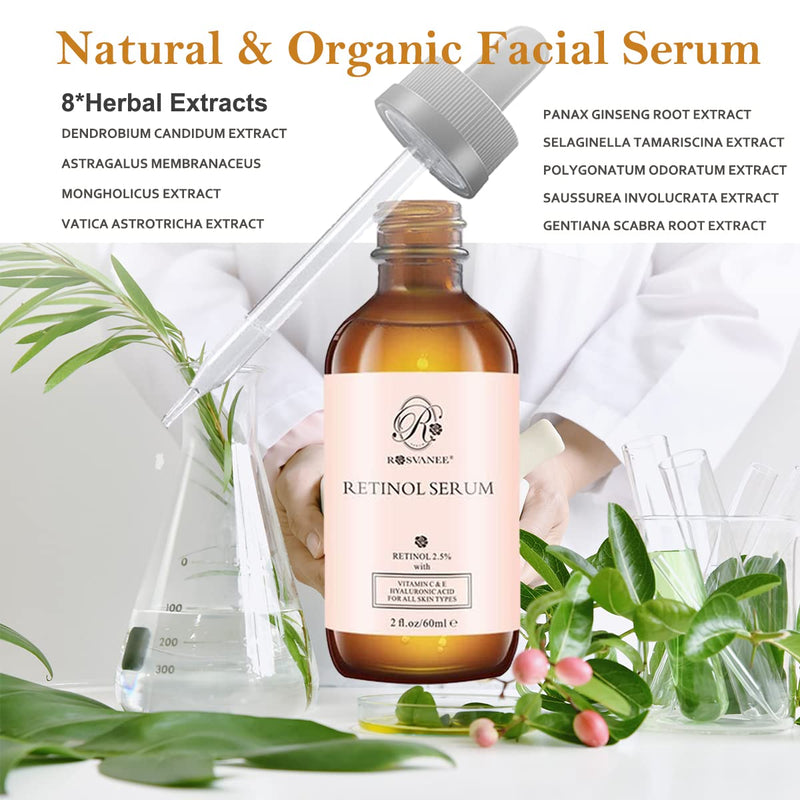 [Australia] - ROSVANEE Retinol Serum for Face 60ml - High Strength with 2.5% Retinol, Hyaluronic Acid, Vitamin C & E, Anti Aging Facial Serum for Skin Repair, Acne, Scar, Dark Spot, Fine Line and Wrinkles 