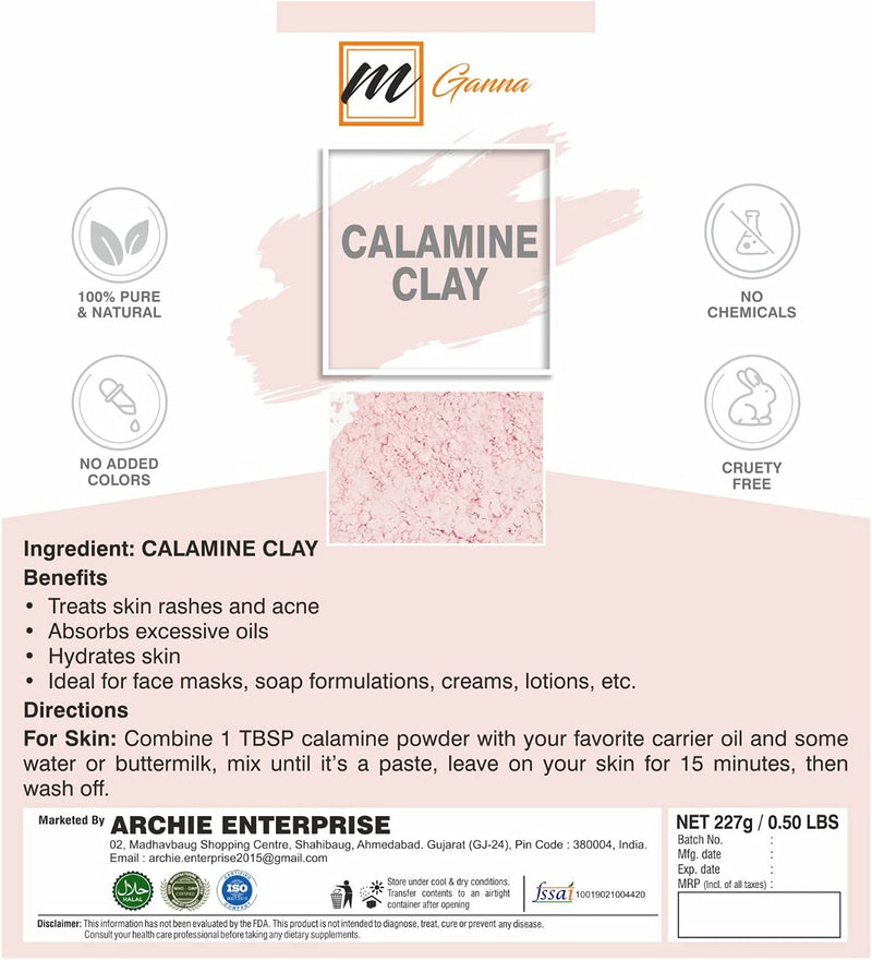 [Australia] - mGanna 100% Natural Calamine Clay Powder for Anti-Ageing & Skin firming, Creams, Lotion and Soap Making 0.5 LBS / 227 GMS 