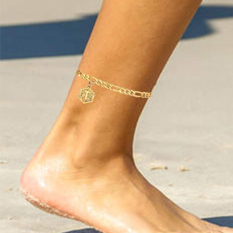 [Australia] - Long tiantian Initial Anklet for Women Cuban Ankle Bracelet with Letter Gold Alphabet Initial Anklet for Girls M 
