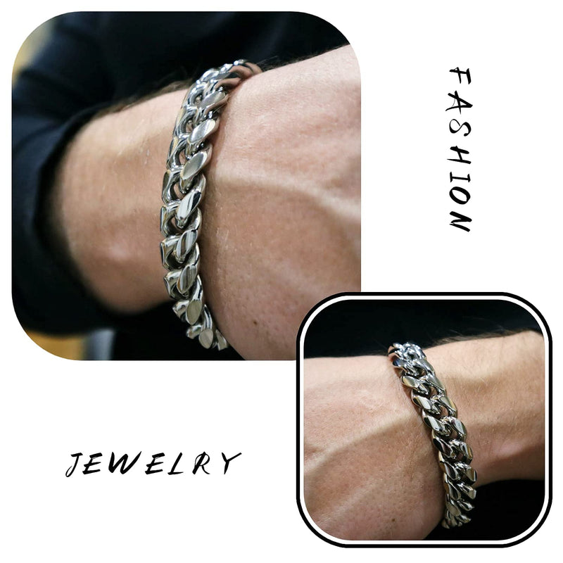 [Australia] - FAMARINE Stainless Steel Cuban Link Chain Bracelets for Men 8/9 Inches, Square Box Buckle Miami Silver Cuban Link Chain Bracelet 8inches 