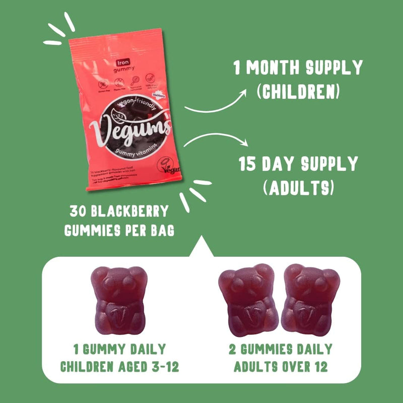 [Australia] - Vegums Iron Gummies | Vegan Friendly Gummy Vitamins | 30 BlackBerry Flavoured Chewable Iron Supplements for All The Family | Suitable for Vegans and Vegetarians 30 Count (Pack of 1) 