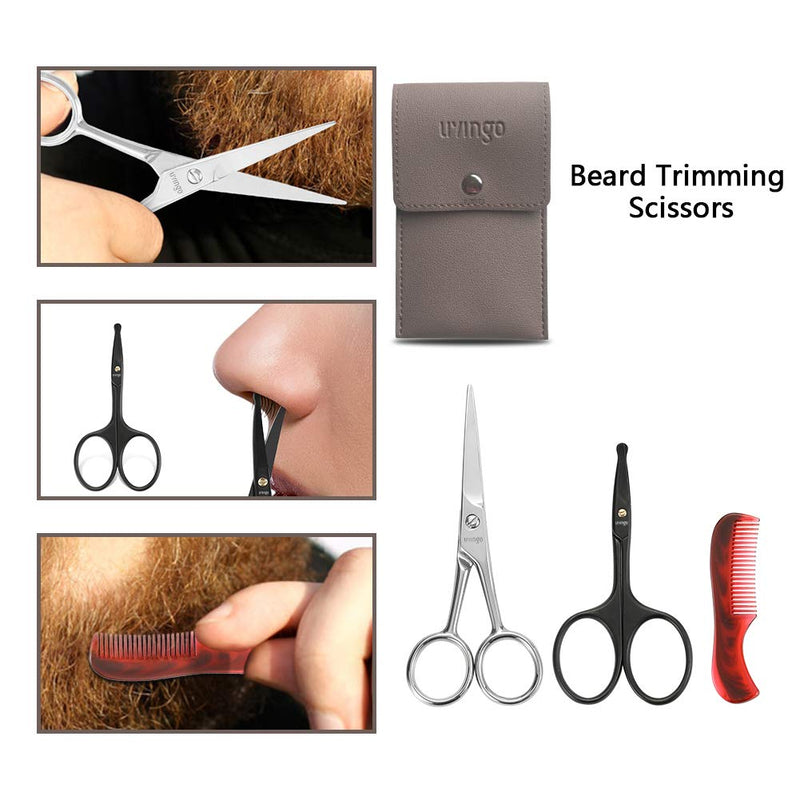 [Australia] - LIVINGO Beard & Mustache Scissors for Men, Professional Rounded Tip Safety Sharp Stainless Steel Small Beauty Facial Nose Hair Trimming Shears Kit with Mini Comb and Leather Case 