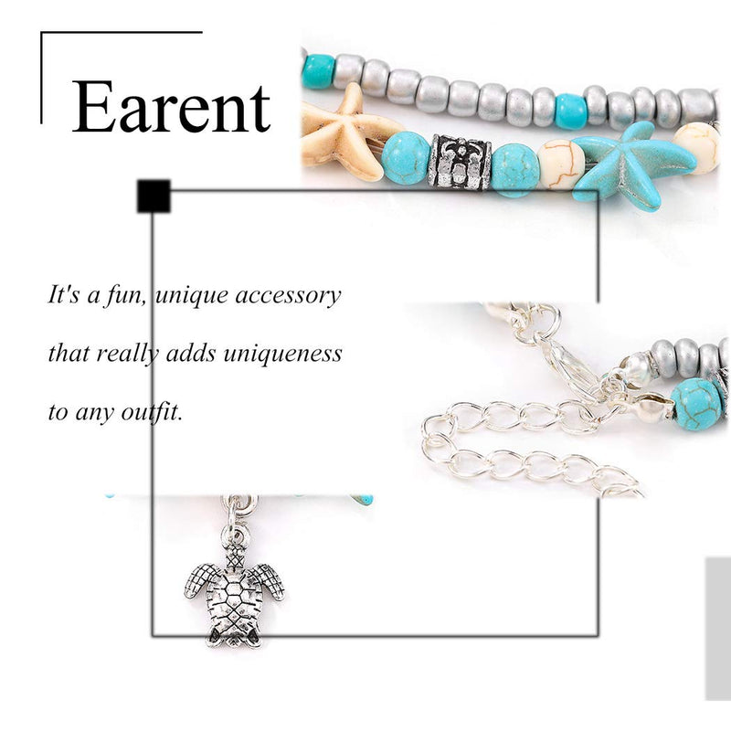 [Australia] - Earent Boho Turquoise Anklet Silver Double Sea Turtle Pendant Ankle Bracelets Beach Starfish Foot Jewelry Adjustable for Women and Girls 