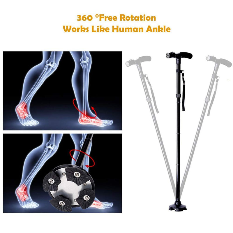 [Australia] - Folding Cane with Led Light, Adjustable Canes and Walking Sticks for Men and Women, Walking Cane Stick for Elderly with Cushion T Handle and Pivoting Quad Base 