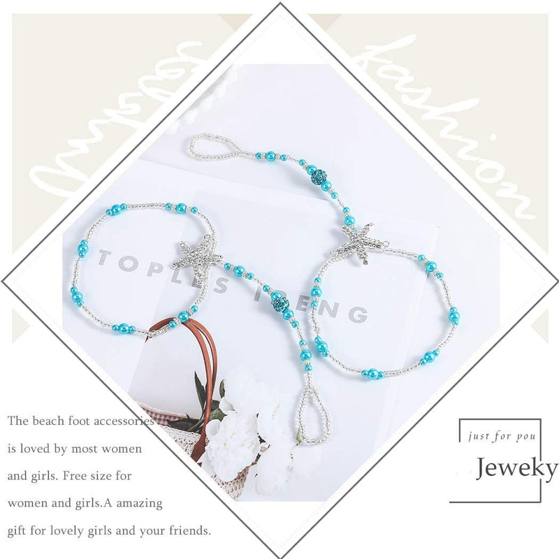 [Australia] - Jeweky Boho Crystal Toe Anklets Blue Starfish Ankle Bracelets Beach Foot Jewelry Foot Chian for Women and Girls (2pcs) 