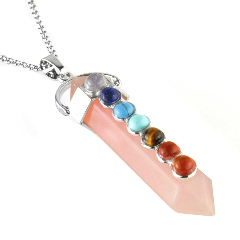[Australia] - BEADNOVA 7 Chakra Gemstones Necklace Hexagonal Healing Point Crystal Pendant Necklace Stainless Steel Chain 18" 09) Rose Quartz 
