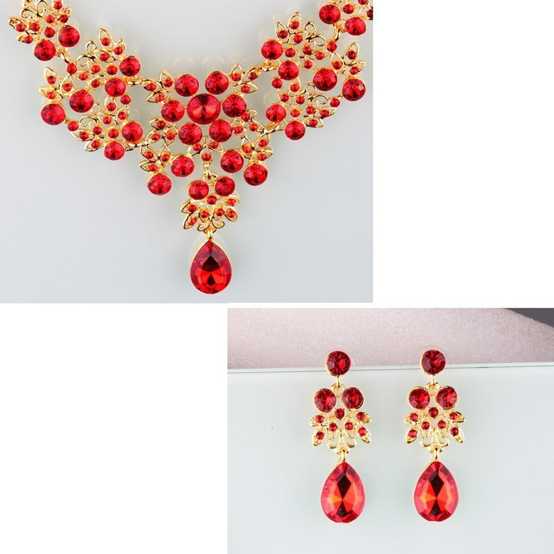 [Australia] - Dxhycc Silver Red Alloy Rhinestone Earrings Crystal Pendant Necklace Bridal Jewelry Set (Red) 