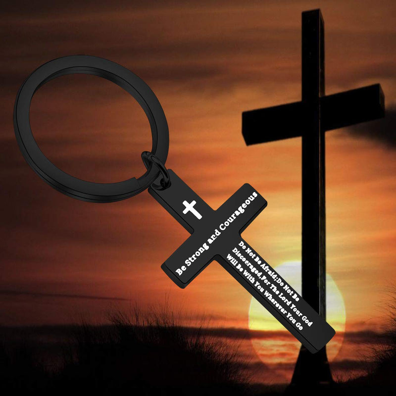 [Australia] - QIIER Christian Keychain Be Strong and Courageous Joshua 1:9 Bible Verse Dog Tag Pendant Keychain Religious Jewelry Inspirational Gifts cross-black 