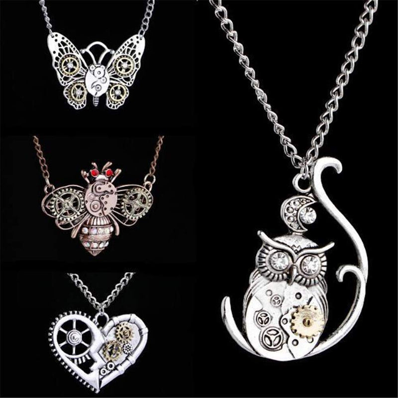 [Australia] - AILUOR Steampunk Gear Pendant Necklace, Punk Vintage Gothic Love Heart Owl Butterfly Bee Insect Chain Sweater Pendant Necklace Jewelry for Women Girl 