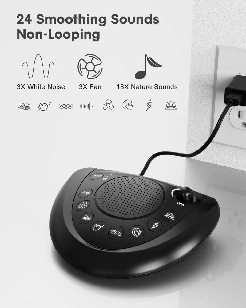 [Australia] - White Noise Machine – Portable Sound Machine Sleep Therapy with 24 Non Looping Natural Soothing Sounds, Memory Function, Auto-Off Timer, 2 USB Charger, Headphone Jack for Adults Baby Kids Travel Upgraded Black 