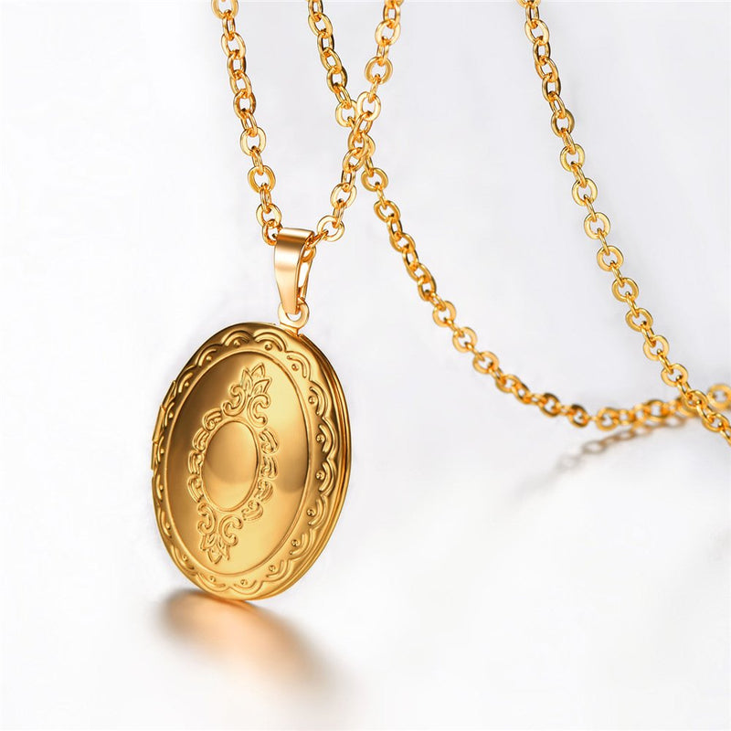 [Australia] - U7 Round Locket Necklace That Hold Picture Stainless Steel 18K Gold Plated Necklace with Photo Custom or Text Engrave Service, Gift for Women Girls 01.Gold Oval Flower Grain a.no custom 