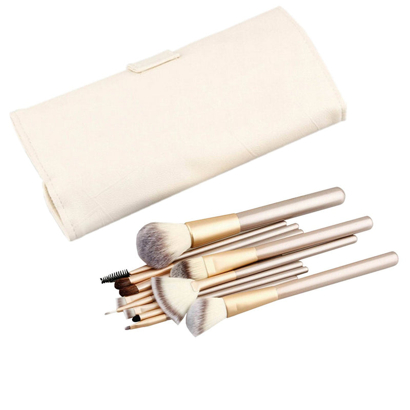 [Australia] - 12 Piece Makeup Brushes Set | Horse Hair Professional Kabuki Makeup Brush Set Cosmetics Foundation Makeup Brushes Set Kits with White Cream-colored Case Bag 