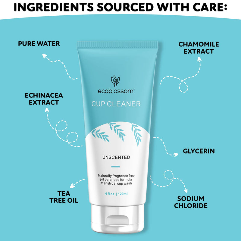 [Australia] - Ecoblossom Menstrual Cup Cleaner - Unscented Foaming Sterilizer Wash for Silicone Period discs - Wipes Clean, Organic Ingredients, Natural, pH-Balanced - 5oz 