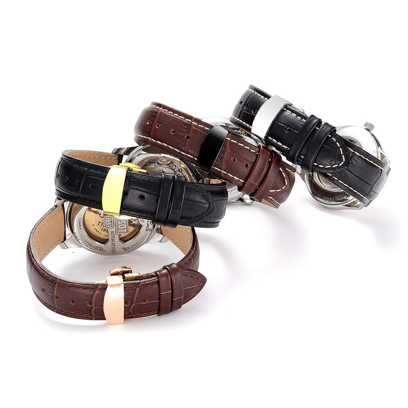 [Australia] - iStrap Leather Watch Band -Alligator Grain Embossed Pattern Calfskin Replacement Strap-Stainless Steel Deployment Buckle with Push Buttons-Bracelet for Men Women-18mm 19mm 20mm 21mm 22mm 24mm 18mm Black-Rose Gold 