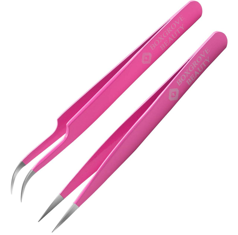 [Australia] - Lash Tweezers, Pack of 2 Stainless Steel Tweezers for Eyelash Extensions | Straight and Curved Tip Eyelash Tweezers | False Lash Application Tools 