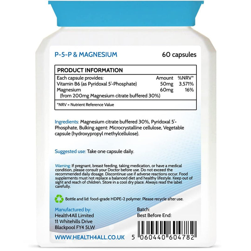 [Australia] - Health4All P5P Pyridoxal 5'-Phosphate 50mg 60 Capsules (V) Biologically Active Vitamin B6 with Magnesium Citrate for PMS and Reduction of Tiredness & Fatigue 60 Count (Pack of 1) 