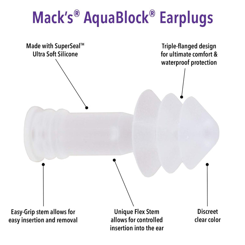 [Australia] - Mack's AquaBlock Swimming Earplugs, 3 Pair - Comfortable, Waterproof, Reusable Silicone Ear Plugs for Swimming, Snorkeling, Showering, Surfing and Bathing (Clear) Clear 