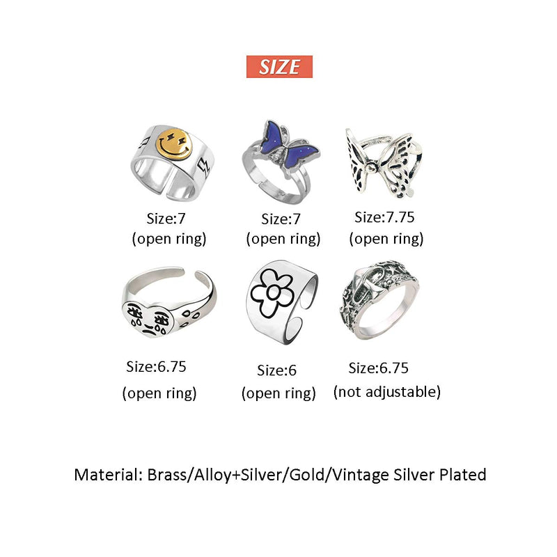[Australia] - 6pcs Smiley Crying Face Knuckle Ring Set Chunky Adjustable Butterfly Vintage Silver Mushroom Star Flower Ring Pack for Women A: 6pcs Silver&Gold 