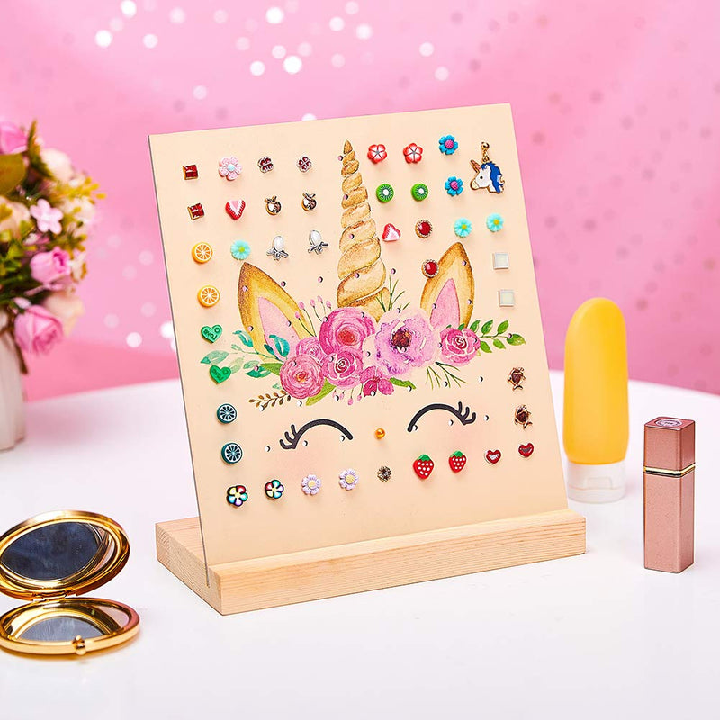 [Australia] - FIOBEE Earring Holder Stand Unicorn Earrings Organizer Wood Jewelry Rack Display for Girls Ear Stud Storage with 81 Holes Yellow 