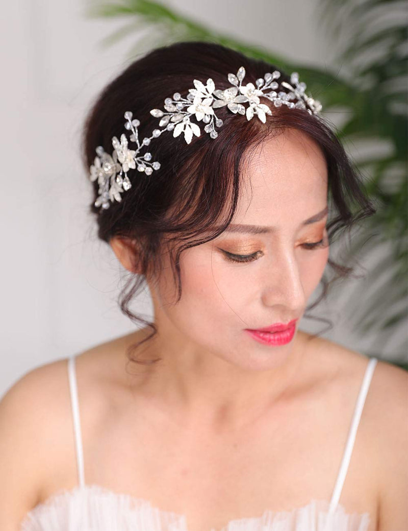 [Australia] - Deniferymakeup Silver Hair Piece Flower Hair Vine Bridal Floral Hair Piece Flower and Leaf Headband Rhinestones Wedding Hair Accessories for Brides 