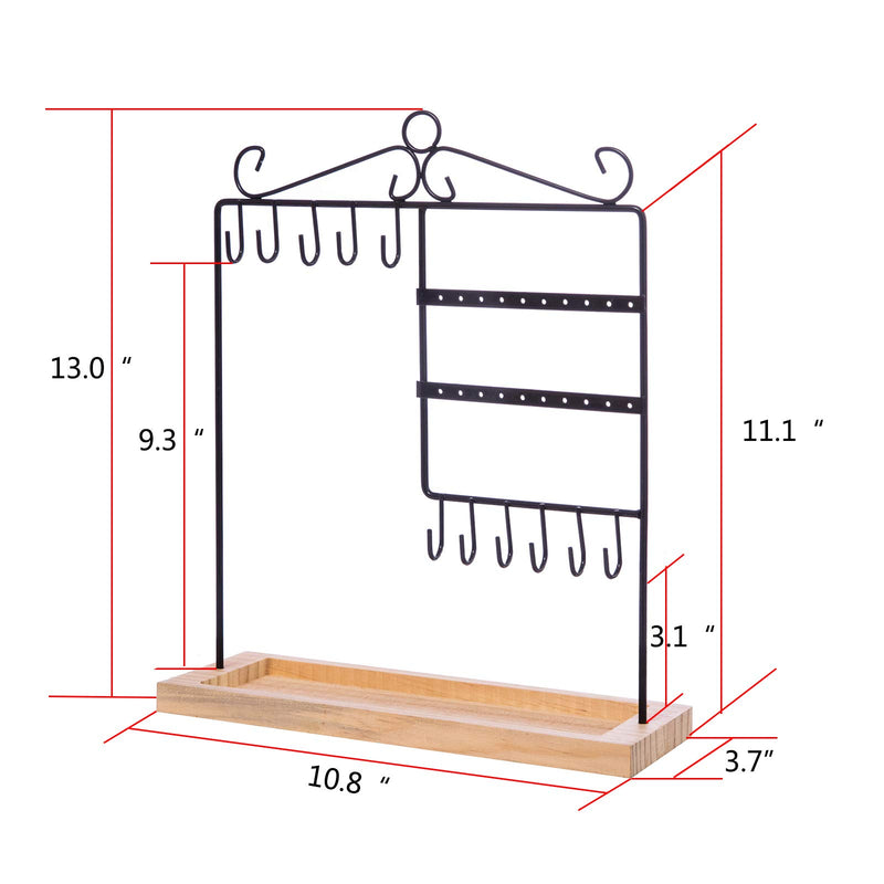 [Australia] - WELL-STRONG Jewelry Organizer Holder, High Capacity Grooves, Metal Rack & Wood Basic, 20 Holes and 11 Hooks for Necklaces Earrings Bracelets Accessories Black 