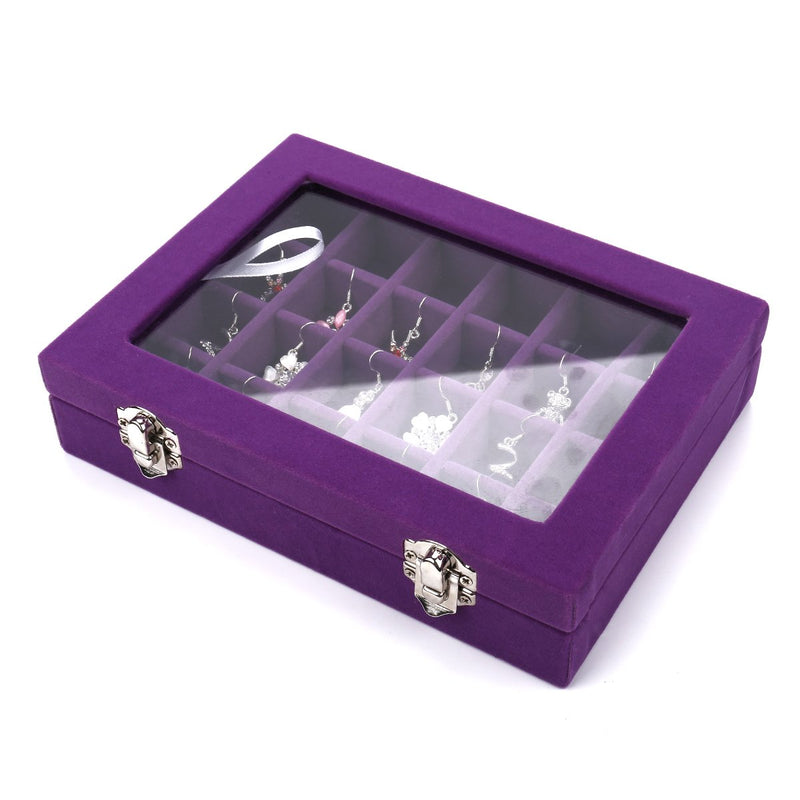 [Australia] - Ivosmart 24 Section Velvet Glass Jewelry Ring Display Organiser Box Tray Holder Earrings Storage Case (Purple) Purple 