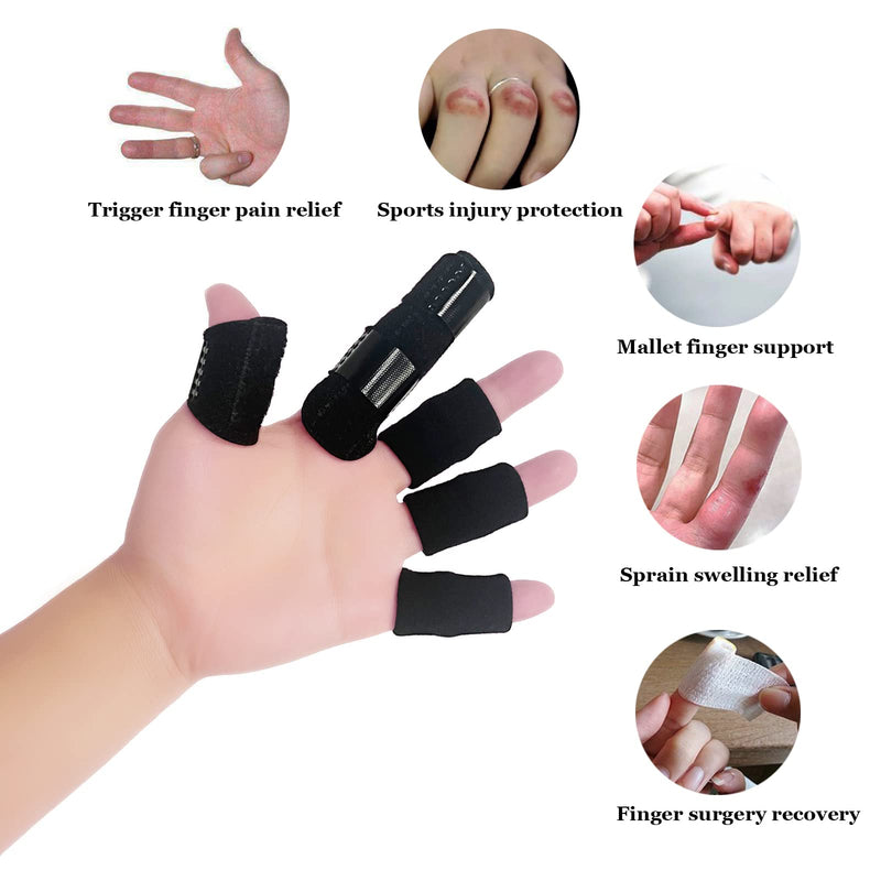 [Australia] - Finger Support Splints, Adjustable Set of 4 Trigger Finger Splint and 10 Nylon Finger Sleeves for Pain Relief, Finger Brace Stabilizer for Broken Finger, Straightening, Arthritis, Injured Finger Black 