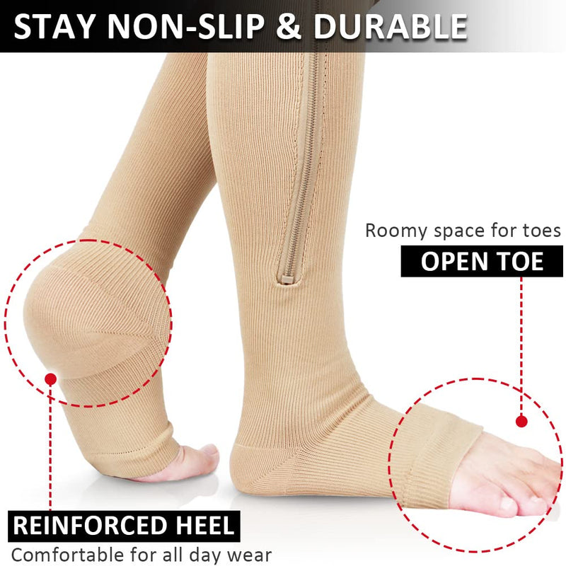 [Australia] - Ailaka Zipper Compression Socks 15-20 mmHg for Women & Men, Knee High Open Toe Varicose Veins Hosiery for Edema, Swollen Large/X-Large (Pack of 1) Beige 