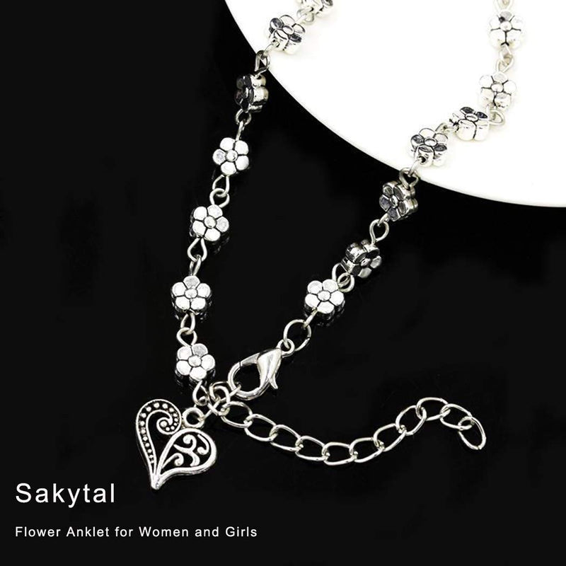 [Australia] - Sakytal Vintage Flower Anklet Hollowed- Out Heart Pendant Anklets Beach Foot Bracelet Jewelry for Women and Girls 