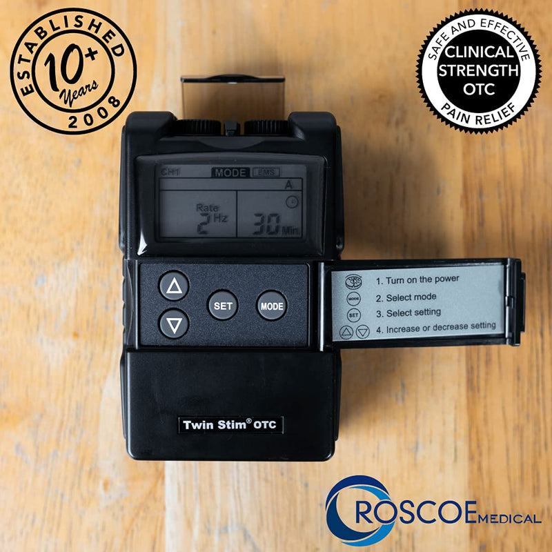 [Australia] - Roscoe Medical TENS Unit and EMS Muscle Stimulator - OTC TENS Machine for Back Pain Relief, Lower Back Pain Relief, Neck Pain, or Sciatica Pain Relief, Clinical Strength Stim Machine 