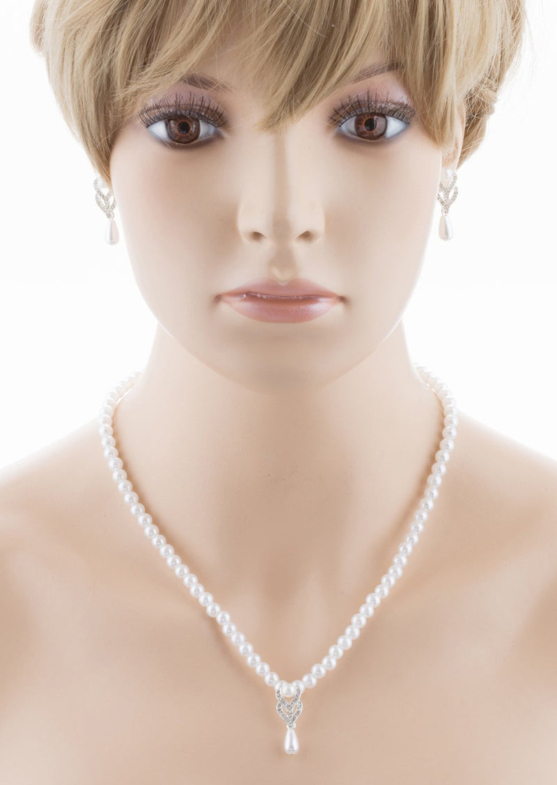 [Australia] - Accessoriesforever Bridal Wedding Prom Jewelry Set Crystal Vintage Single Strand Pearls Necklace Silver 