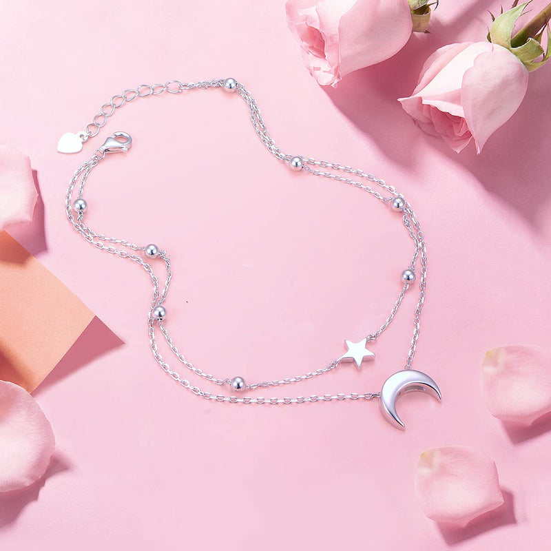 [Australia] - Star and Moon Sun Layered Anklet 925 Sterling Silver for Women Girls Adjustable Mermaid Tail Beads Ankle Bracelet Crescent Boho Beach Foot Chain 9+1 Inch Charm Jewelry Best Birthday Gifts Star & Moon 