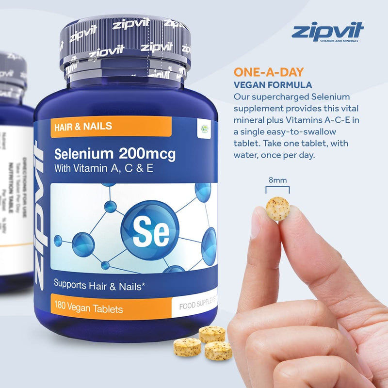 [Australia] - Selenium 200mcg with Vitamins ACE, 180 Vegan Tablets, High Strength Selenium Supplement, Supports Hair and Nails, Immune System and Thyroid Function, 6 Month Supply, UK Supplier 